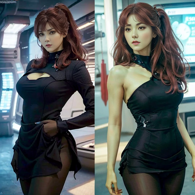 ((Top Quality、16K、masterpiece:1.3))、a tall and beautiful woman、Perfect Figure:1.4、(retro futuristic aesthetic) Slim Abs. Orion girl (from star trek) solo, red-haired (very red hair) 、60s hairstyle (with hair bangs), realistic green skin, small eyebrows, No postural movement、Stand up straight、Huge bust、Highly detailed facial and skin texture、(A detailed eye, Symmetry Eyes, Clear realistic eyes, Double eyelidd、Cold-stricken face、Symmetrical face), very green skin (illuminated, realistic shading sound), goth makeup, Royal sisters full of fans、The Telegraph Esbian、peach buttocks、(black futuristic Dress, Very Tight Knit), cleavage, squart、(Raw foto:1.2)、((Photorealcitic:1.4))Top Quality、masterpiece、Real Photography、very delicate and beautiful.、super detailed CG、Unity、8K photo wallpaper、delicate detail、best qualtiy、Highly detailed CG unity 8k wallpaper、absurderes、Incredibly Absurd、huge file size、extremely highly detailed、Hight Resolution、ighly Details、Beautiful detail girl、extremely detailed eyes and face、beautiful delicate eyes、Facial light、cinematic lightings、(big hips, thick thighs, beautiful legs, black pantyhose) 1girll、see -through,Watch your audience, Plane Air, high ponytail、ulzzang-6500、The Telegraph Esbian, different poses at different angles,
