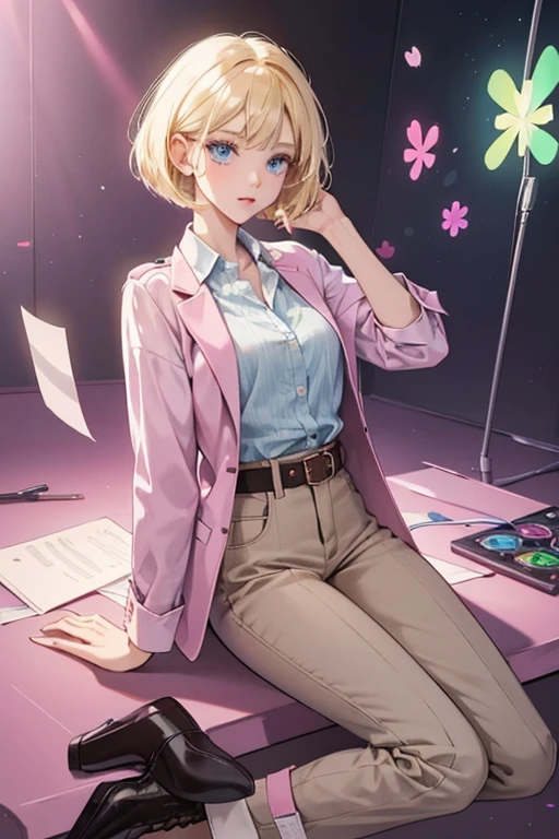 Clover is a with white skin, blonde hair, bright blue eyes, Her hairstyle is a voluminous, personalized medium length bob cut . he color of her primary outfit from her button-up shirt and pants was pink and light green with a belt as her addition and her boots are replaced with brown heels. In Matchmaker during the science class inside the lab, Clover retains this outfit but her button-up shirt is darker, her belt is blue and her pants revert back to the original pink. SPARKLE; GLITTER.