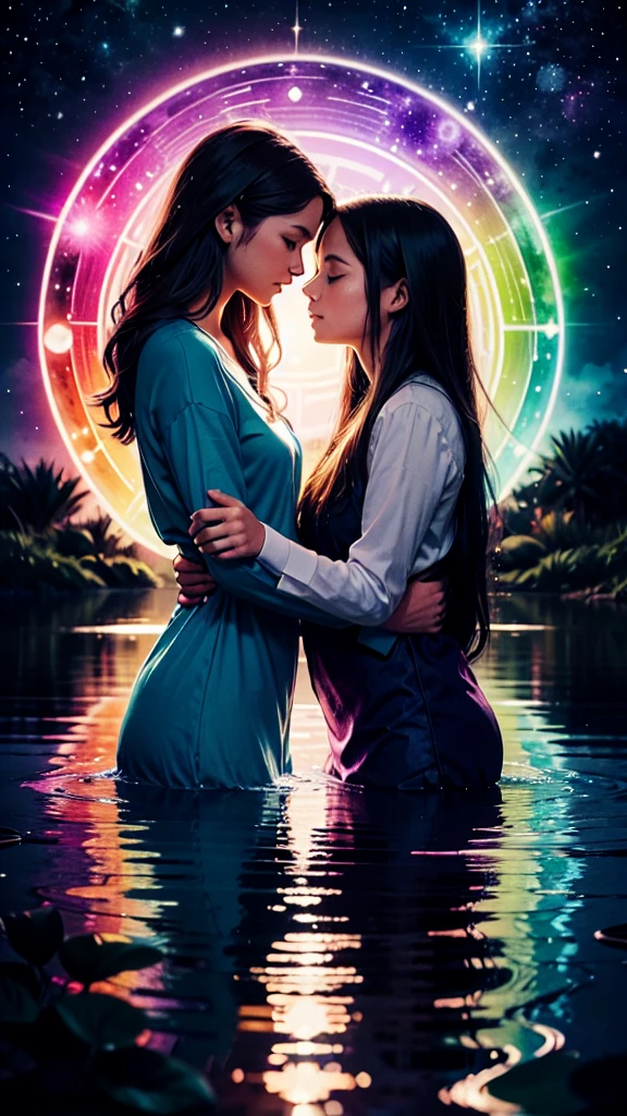 A mesmerizing watercolor illustration of a mother and her daughter, with the mother's long, flowing hair radiating a spectrum of vibrant colors, from blues to reds, yellows, and purples, creating an ethereal and dreamy atmosphere. The mother gently embraces her younger daughter, both of them with their eyes closed, suggesting a moment of comfort or reflection. The background features a blend of deep blacks and vivid colors, with sparkling particles and a cosmic aura, evoking a sense of magic, mystery, and otherworldliness. The mother and daughter stand near a water body, with the reflection of their surroundings visible in the still waters. This captivating scene is a beautiful expression of love, connection, and the mystical bond between a mother and her ., painting, dark fantasy, vibrant, illustration, graffiti, poster, fashion