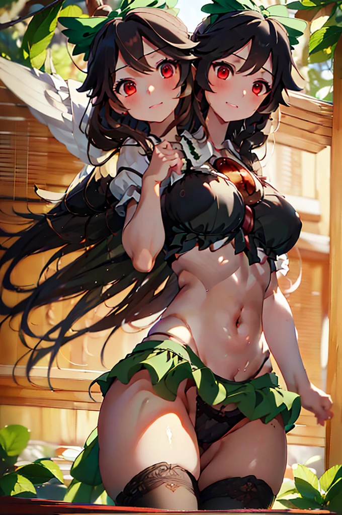 (masterpiece, best quality), best quality, (ultra-detailed), (3heads:1.5), 1girl, (reiuji utsuho:1.3), masterpiece, best quality, ultra quality, ultra resolution, ultra detail, white top, crop top, ((stomach)), midriff, ((groin)), dark green skirt, normal ears, shackles, black hair, very long hair, wavy hair, sidelocks, red eyes, detailed eyes, parted lips, sweat, cute, toned belly, hand on own chest, eyelashes, (23 year old woman:1.3), (masterpiece:1.5), (best quality:1.5), (beautiful detailed), extremely detailed CG, extremely delicate and beautiful, depth of field, (finely detailed face), (perfect details:1.2), (mature female:1.3), wide pelvis, slender, large veiny breast, 16k resolution, highres, high quality, high definition, extremely detailed, masterpiece, best quality, black hair, long hair, alluring presence, braid, short skirt, close up, big tits, young, green bow, hair bow, wings, midriff, nsfw,