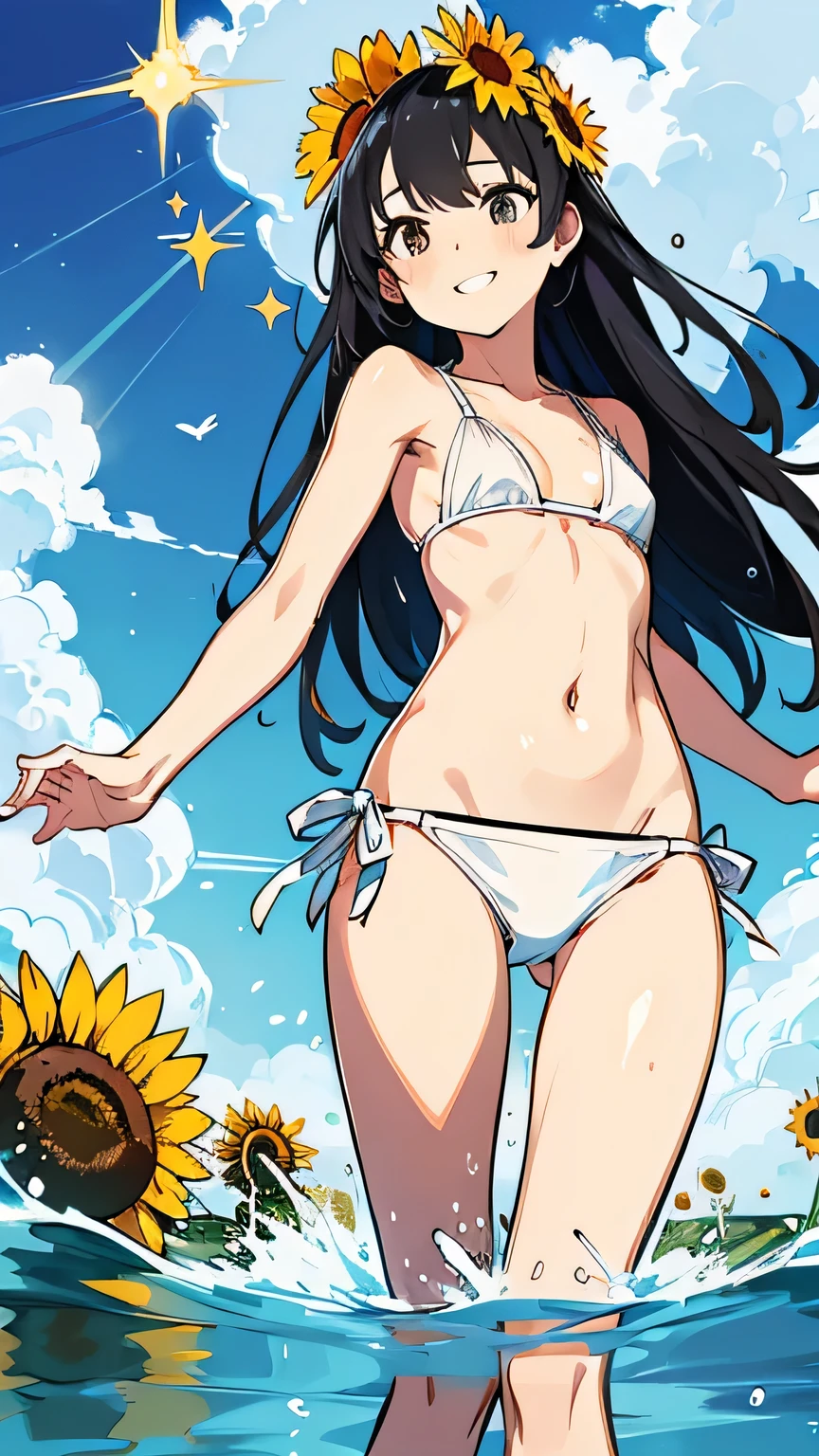 Best image quality,１People Girl,Long Hair,Shiny Hair,black eye,Shining Eyes,smile,Double teeth,sunflower,stream,Water Play,Wet,girl,small,small breast,White Bikini,Too much exposure,View from below,Navel Fashion