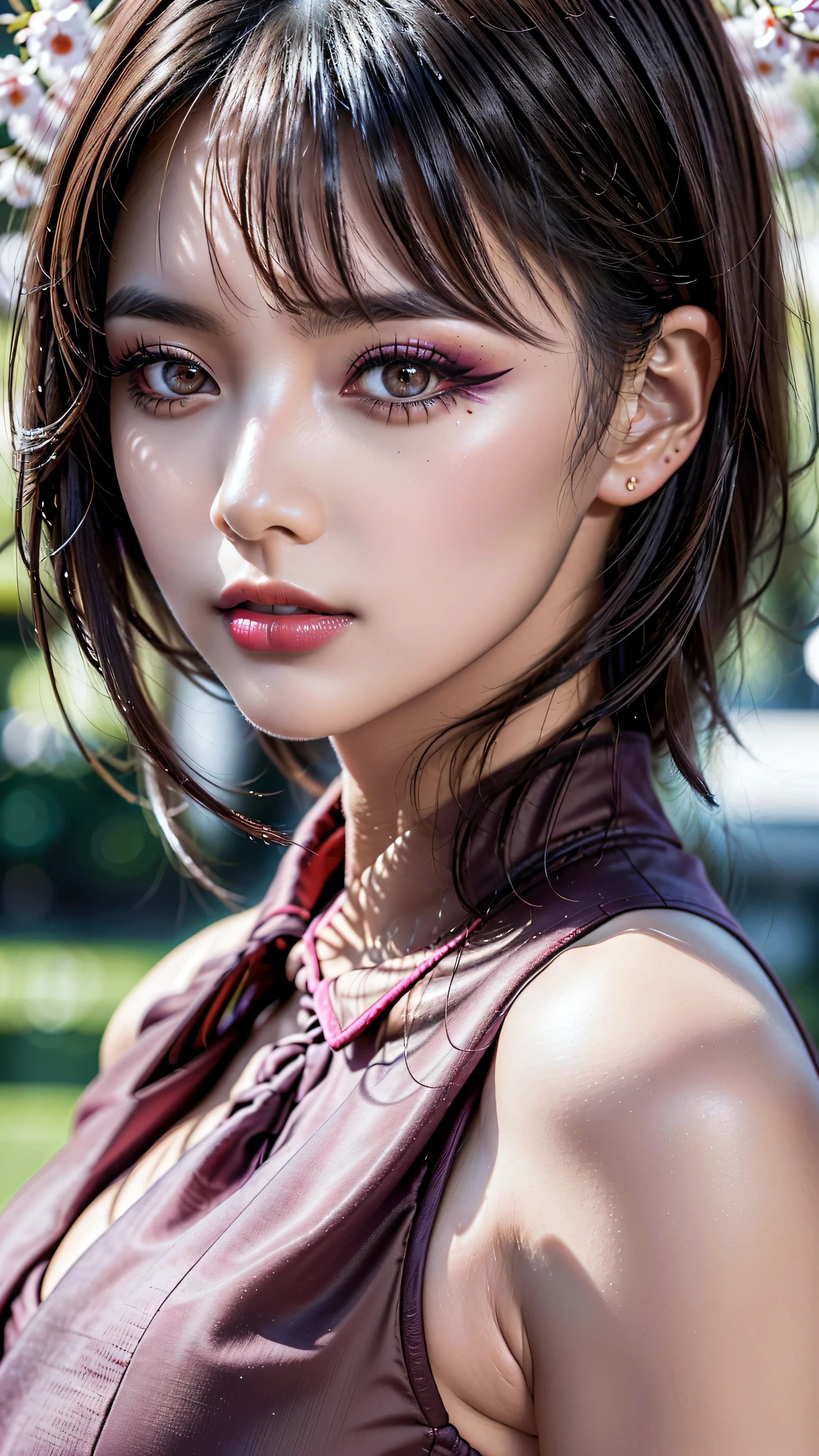 Divide Ratio : 1,1,1 Base Ratio: (portrait),beauty (mixed girls) in (highly detailed 32k absurd art of a ((girl 18-year-old)) ),fashion supermodel,(best high quality real texture skin:1.3),((ebony skin female:1.2)),(best quality texture hair:1.4),BREAK,((short bright dark hair((bangs swept to the side)) extremely detailed:1.3)),((outside,an orchard of blooming cherry trees:1.3)),(best high quality:1.33),(photo realistic:1. 45),(Hyper realistic:1.45),((sharp focus)),(highest resolution),((soft neon lighting on the face and body)),(perfect proportions),(anatomically correct),(perfect female body),(firm normal full breasts:1.3),slim face,beautiful cheekbones,((slim,swell-muscled body:1.24)),(Super beautiful face),(realistic face),(highly detailed face:1.4),absurd(ultra detailed eyes), finely detailed face,finely quality eyes,(tired and sleepy and satisfied:0.0),(close up of a woman's eye with a digital rendering),realistic eyes,perfect round eyes,finely detailed pupils,(black_eyes:1.28),BREAK,detailed lips:1.3,(pink_lipstick:1.2),pink_makeup:1.22, long_blue_eyeliner:1.18, perfect dark_eyeshadows:1.4, ((there a close up of a woman's)), (super detailed makeup on eyes:1.3), iridescent eyes, with professional makeup, vibrant eyes:1.2, (Detailed nose:1.2),BREAK,(super extravagant (Pink collared blouse shirt)),BREAK,((wear dark_red tie:1.2)),small head:1.4, ((ornament red ribbon on head)),exquisite balance of shadows,perfect composition,((upper body shot:1.3)),((look at the viewer)), Hasselblad, 50mm f/2.2