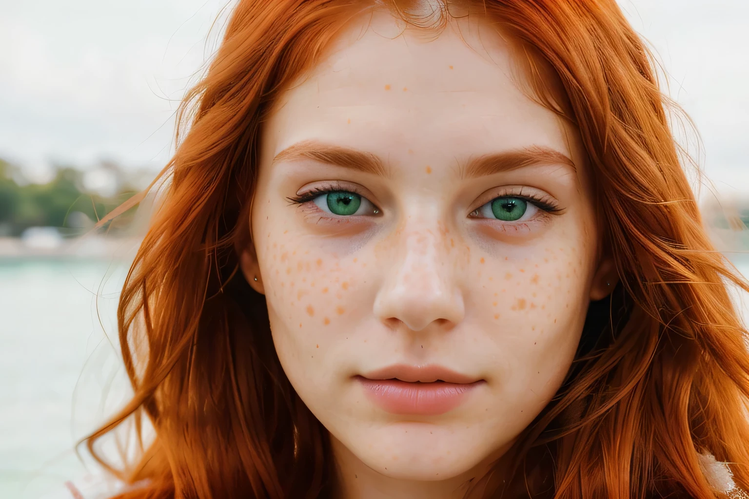 23-year-old realistic woman, digital influencer. White, green eyes, long orange-red hair. Her face has delicate features and radiant skin, with subtle freckles spread across her nose and cheeks, she has a deep and captivating look, she looks directly at the camera.