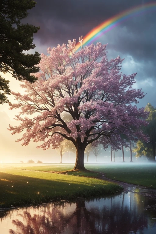 Rainy day, daytime, sunny, tree, see raindrops, rainbow in mist, gorgeous light, twinkle, sparkle, shine, realistic, detailed, highlights,