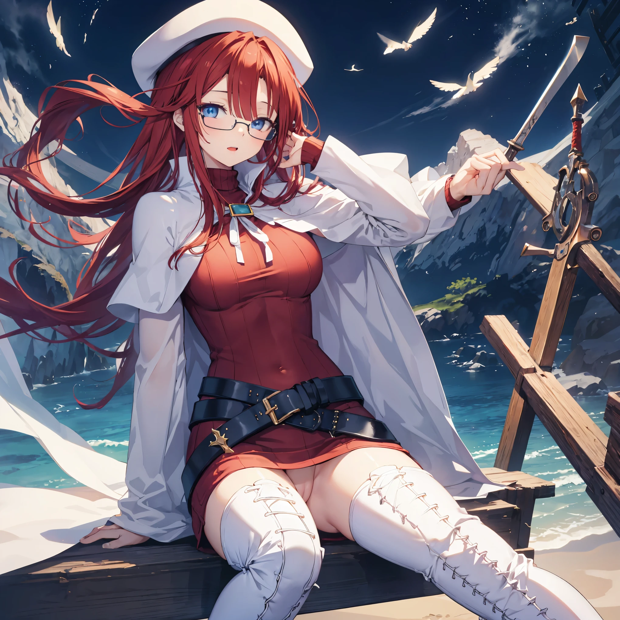 pov,nsfw,summonnightaty, aty, (young:1.3),long hair, blue eyes, red hair, beret, hat, glasses,
BREAK long hair, thighhighs, hat, dress, boots, glasses, belt, cape, sweater, zettai ryouiki, beret, thigh boots, white footwear, ribbed sweater, loose belt,solo,
BREAK outdoors, fantasy,on_a_ship,
BREAK (masterpiece:1.2), best quality, high resolution, unity 8k wallpaper, (illustration:0.8), (beautiful detailed eyes:1.6), extremely detailed face, perfect lighting, extremely detailed CG, (perfect hands, perfect anatomy),covered_nipples,covered_navel,light_smile ,(half_eyes:1.4),sword,armpit,sleepy,dynamic_sitting,barrel,red_sweater,apart_legs,magical_effect,focus_breasts,spread_legs,black_panties,light_open_mouth,solo