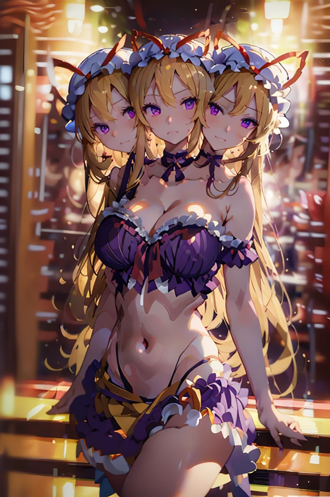 (masterpiece, best quality), best quality, (ultra-detailed), (3 heads:1.5), 1girl, (yakumo yukari:1.3), masterpiece, best quality, ultra quality, ultra resolution, ultra detail, purple top, crop top, ((stomach)), midriff, ((groin)), purple skirt, frilled skirt, normal ears, shackles, blonde hair, very long hair, wavy hair, sidelocks, purple eyes, detailed eyes, parted lips, open belly, sweat, cute, toned belly, hand on own chest, eyelashes, (24 year old woman:1.3), (masterpiece:1.5), (best quality:1.5), (beautiful detailed), extremely detailed CG, extremely delicate and beautiful, depth of field, (finely detailed face), (perfect details:1.2), (mature female:1.3), wide pelvis, slender, large veiny breast, 16k resolution, high res, high quality, high definition, extremely detailed, masterpiece, best quality, blonde hair, long hair, alluring presence, braid, short skirt, close up, big tits, young, frills, hat, hat ribbon, midriff, nsfw,
