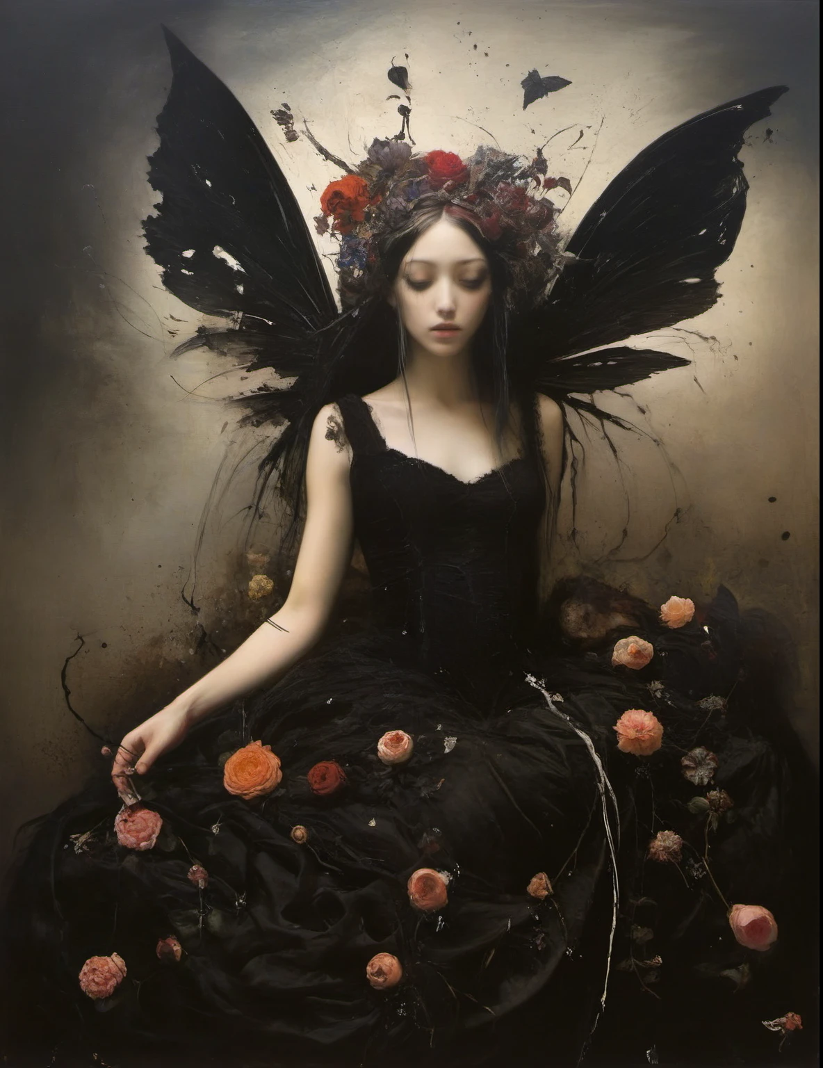James Gurney, Surrealist art , dream-like, Mysterious, Provocative, symbolic, Complex, detailed,, (Gothic but very beautiful:1.4), (masterpiece, highest quality:1.4) , Nicola Samori Style, Flower Fairy
