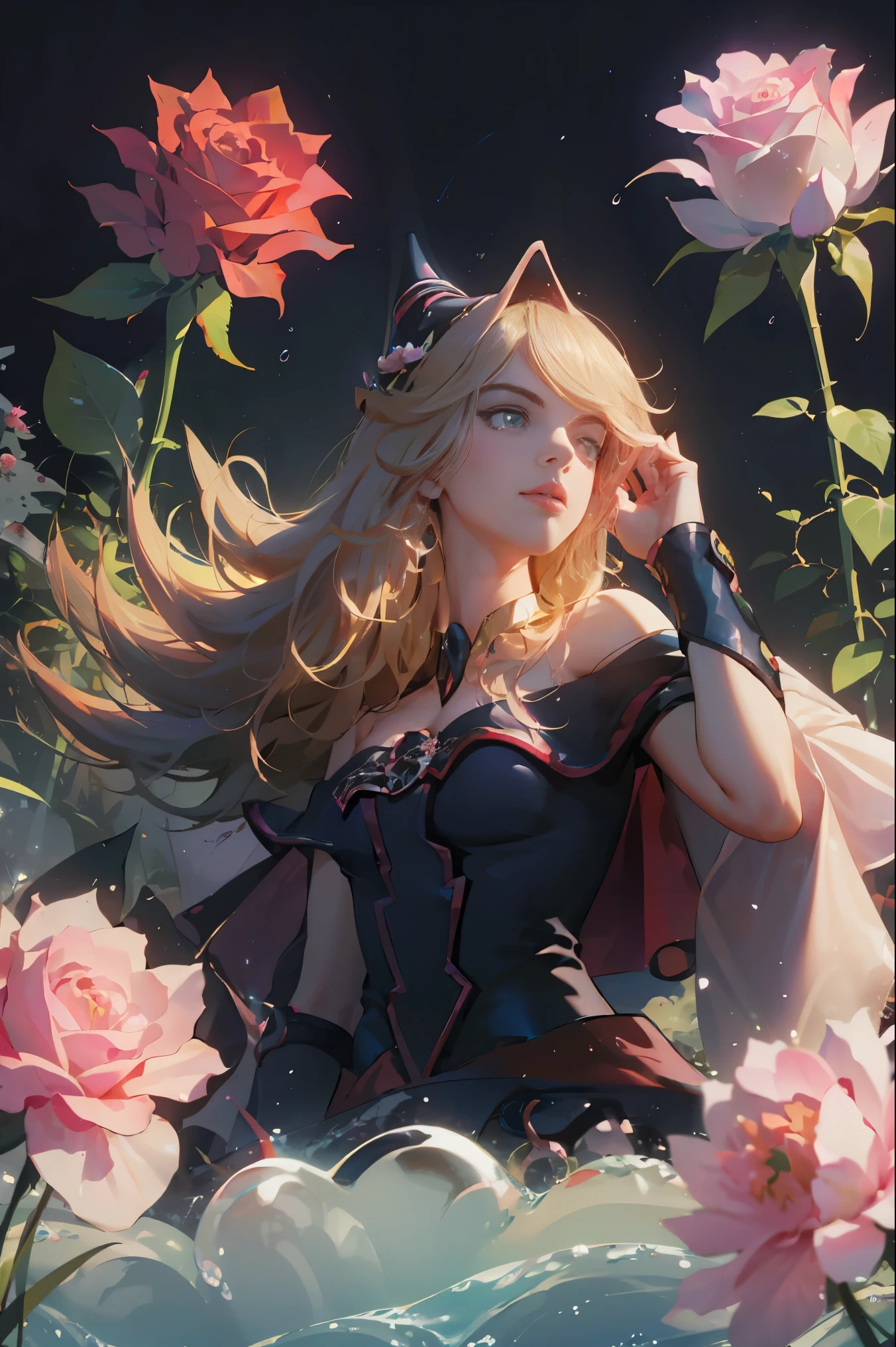 Hermosa dark magician gils. Joven con cabello corto y rubia. Ojos verdes. Labios rosados. She is in a garden of red roses.. Rosas rojas la rodean. Pose  y inocente. Fondo de rosas rojas y lluvia 