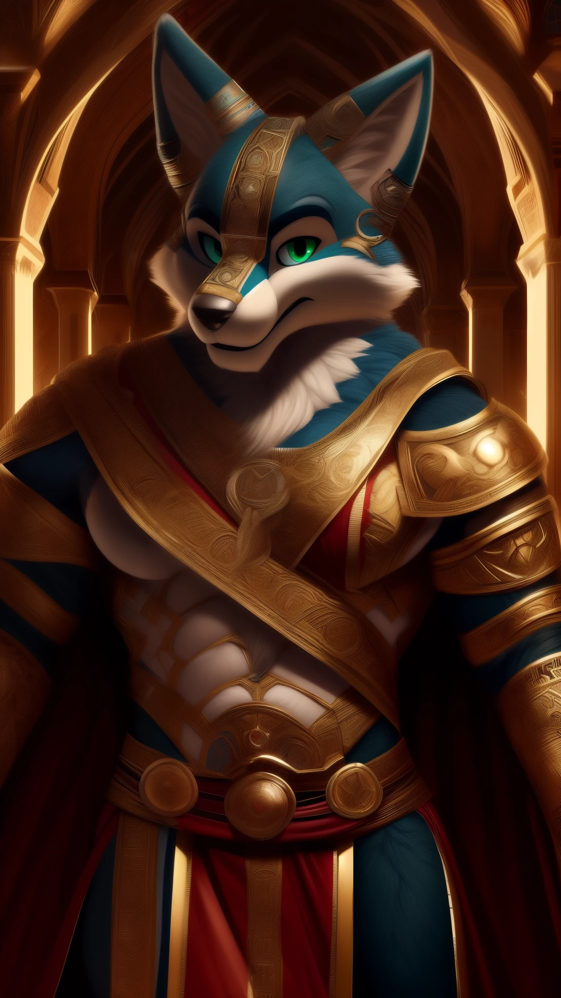 an adult muscular male Fox fursuit must probably be a very old king from Greek mythology I think he must be around 300 thousand years old he is wearing a very old outfit from ancient Greece looking at the visualized he is looking trustworthy green eyes and blue fur you can tell that he takes his role very seriously  