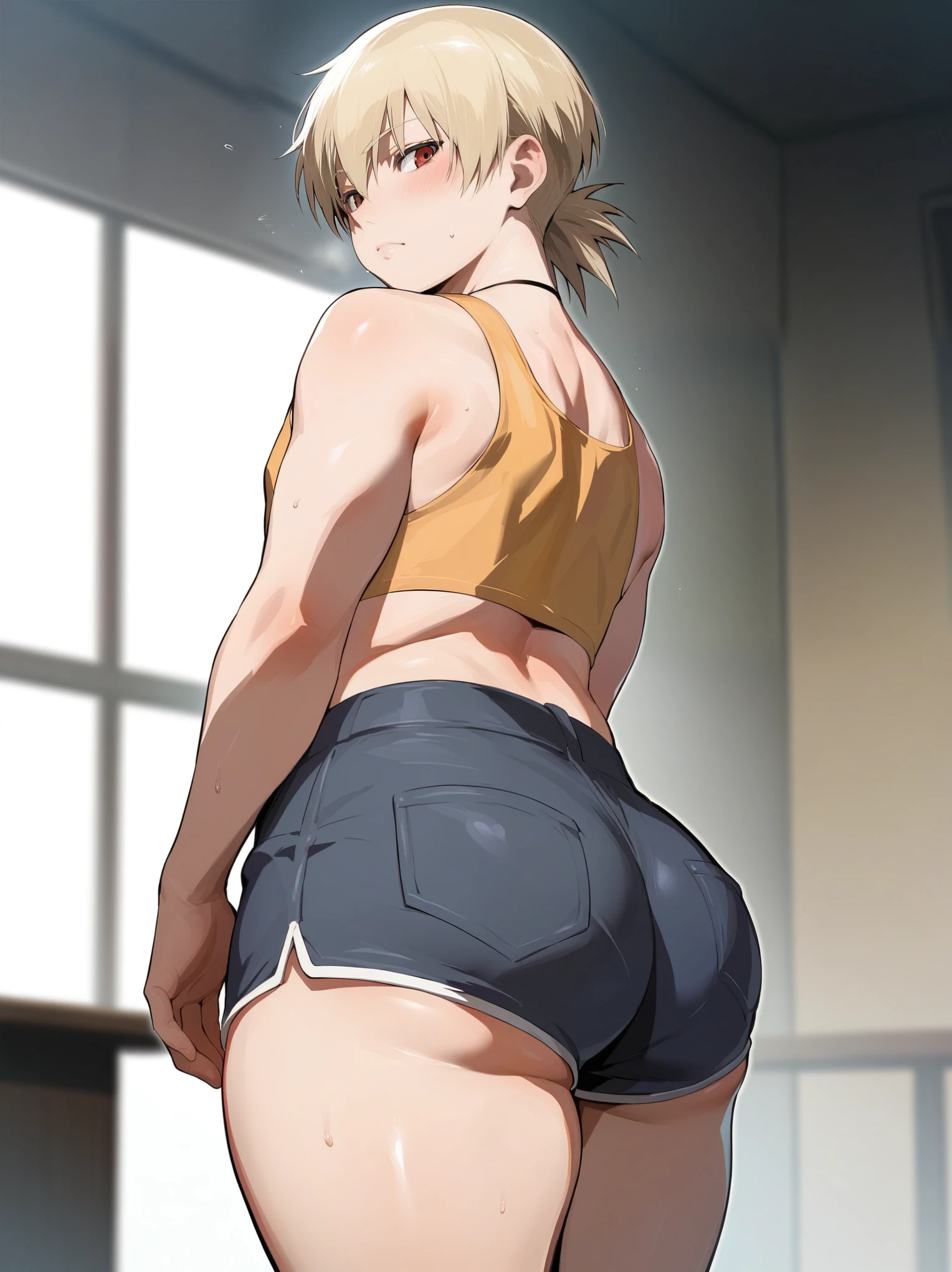 score_9, score_8_up, source_anime, standing, hellsing, seras, femboy, twink, shorts, otoko no, crop top, indoors, ikuchan, ass, ass cheeks, plump ass, rating:safe, sfw