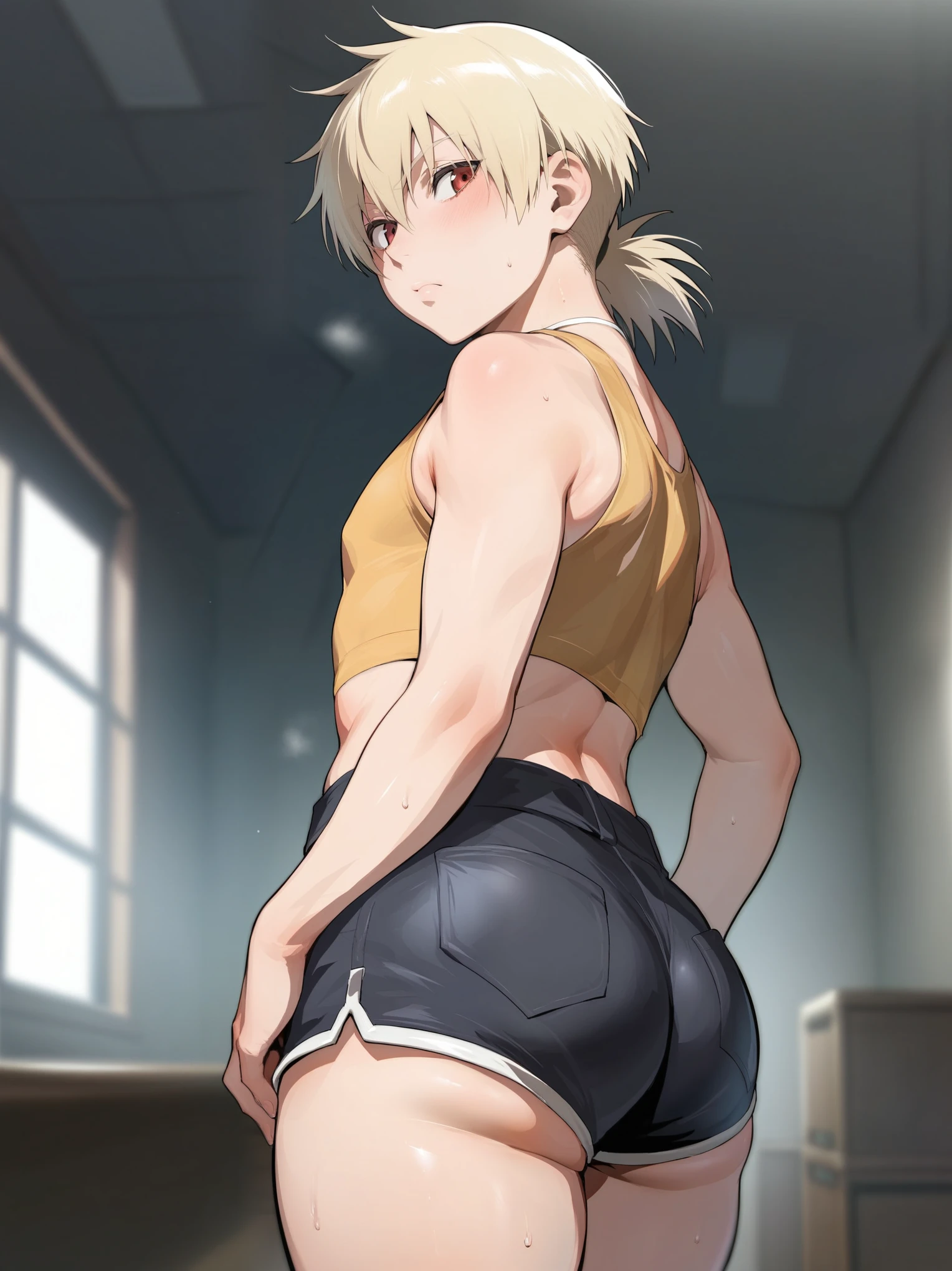 score_9, score_8_up, source_anime, standing, hellsing, seras, femboy, twink, shorts, otoko no, crop top, indoors, ikuchan, ass, ass cheeks, plump ass, rating:safe, sfw