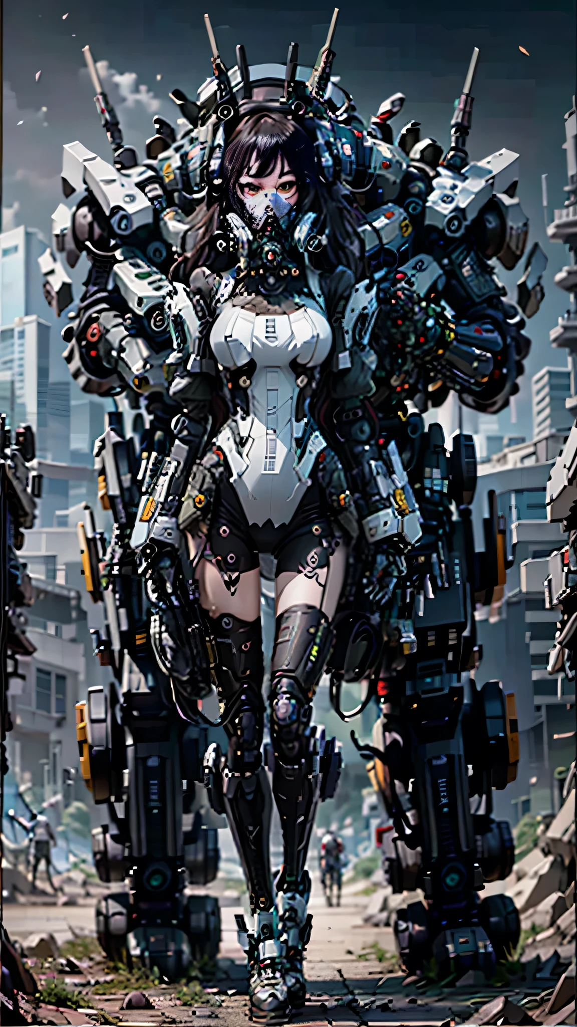 This is a hyper-detail、full-body shot、High-resolution and high-quality Unity 8k CG wallpaper，The style is cyberpunk，mainly black and red。A beautiful girl with long hair and messy white hair appears in the photo，extremely tall, slender and sexy body，long legs，cyberpunk shoes，the delicate face，Wearing a mechanical steam mask，standing on ruins，Behind him is a huge robot，The action of a woman holding a heavy sniper rifle in her hand， full body shot