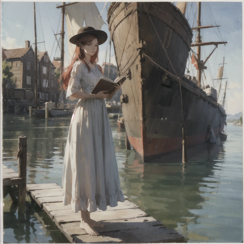 a beautiful slender thin girl with a perfect face of the southern type with red hair in a 19th century dress in a hat with a book standing barefoot (near a large old wooden ((Ship))), summer, A warm sunny day, in a gentle watercolor style, Discreet shades, sfumato, haze, diffused dim light, delicate mint and blue shades, imitation of film photography, olive and grape shades, Brick Road, Brick house, coffee, High image quality, Maximum detail, big space eyes