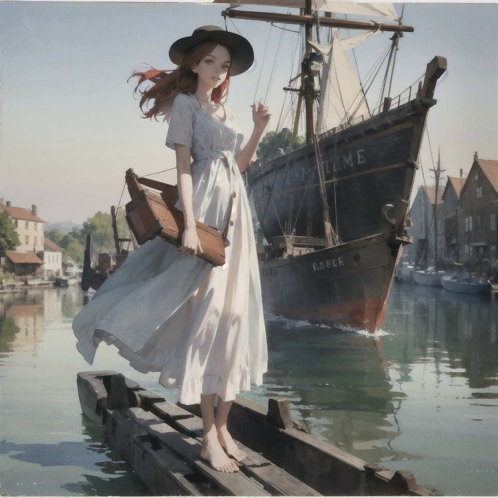 a beautiful slender thin girl with a perfect face of the southern type with red hair in a 19th century dress in a hat with a book standing barefoot (near a large old wooden ((Ship))), summer, A warm sunny day, in a gentle watercolor style, Discreet shades, sfumato, haze, diffused dim light, delicate mint and blue shades, imitation of film photography, olive and grape shades, Brick Road, Brick house, coffee, High image quality, Maximum detail, big space eyes