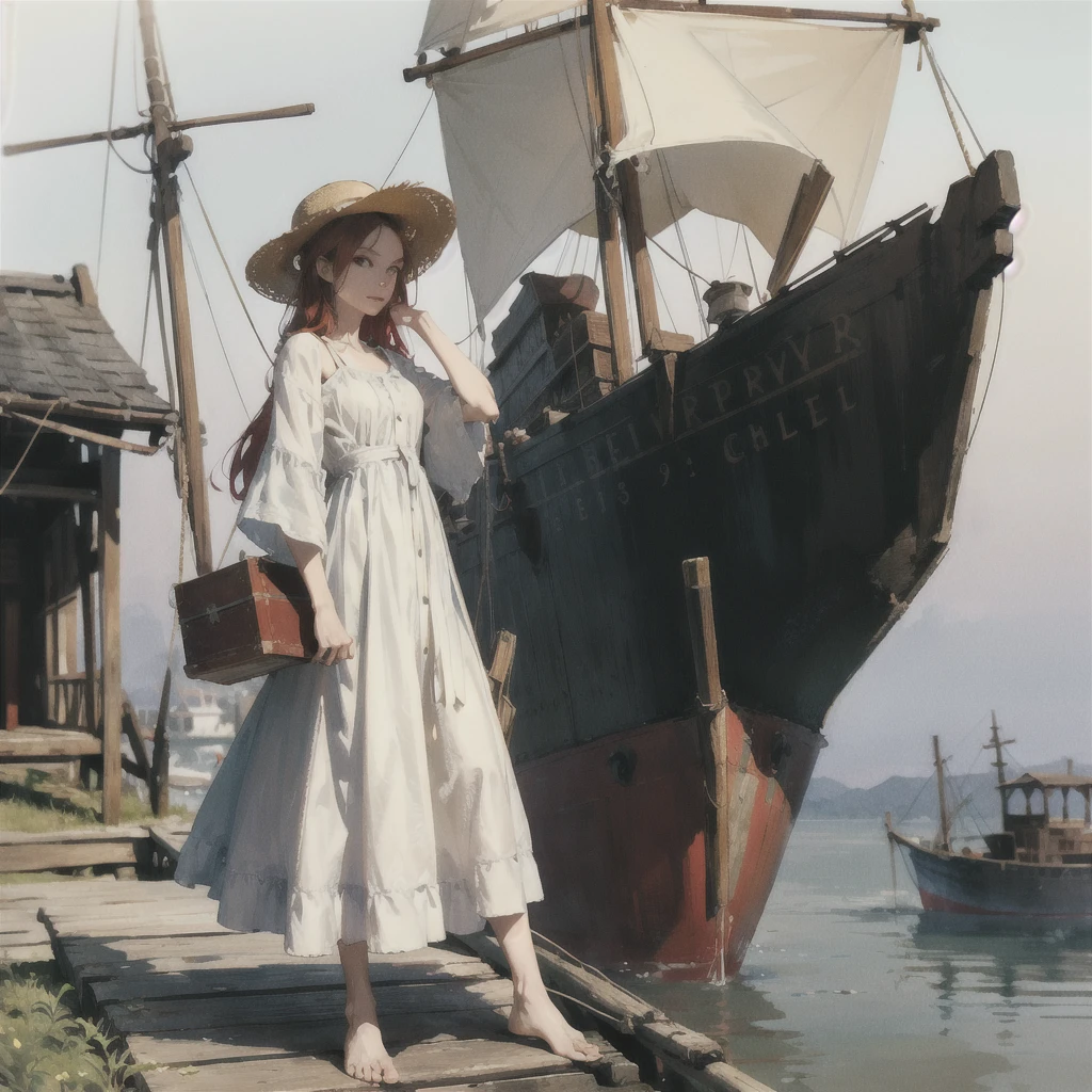 a beautiful slender thin girl with a perfect face of the southern type with red hair in a 19th century dress in a hat with a book standing barefoot (near a large old wooden ((Ship))), summer, A warm sunny day, in a gentle watercolor style, Discreet shades, sfumato, haze, diffused dim light, delicate mint and blue shades, imitation of film photography, olive and grape shades, Brick Road, Brick house, coffee, High image quality, Maximum detail, big space eyes
