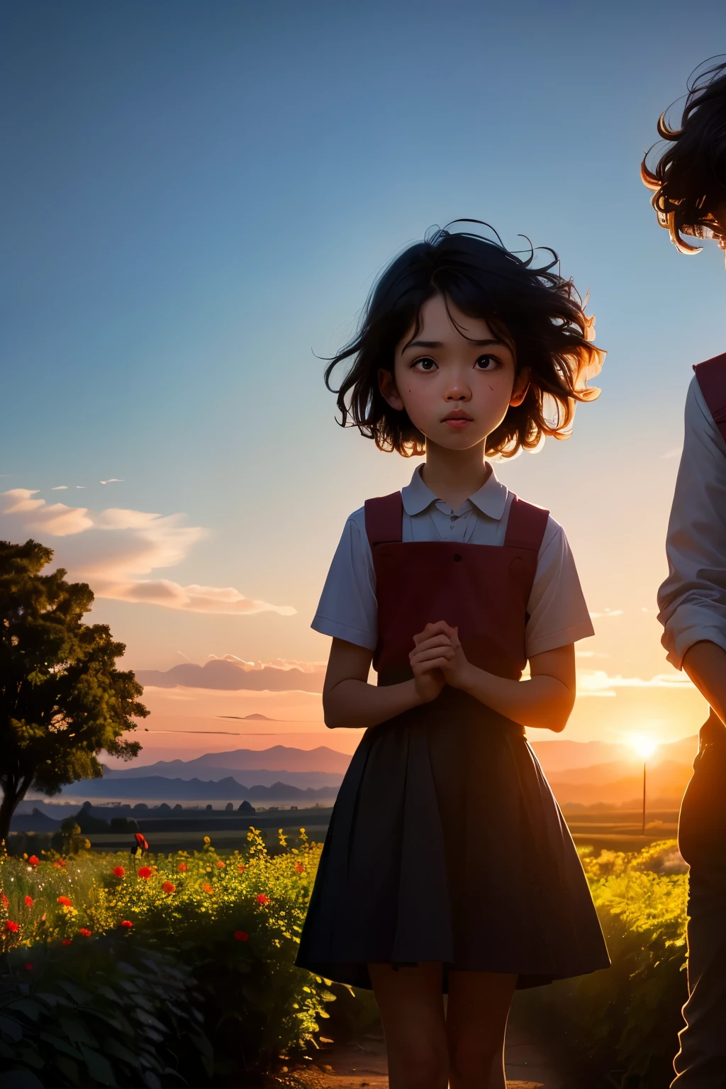 siluet of little boy and girl in the garden school ((best quality)), ((masterpiece)), ((detailed)), ((hd)), ((8k resolution))

