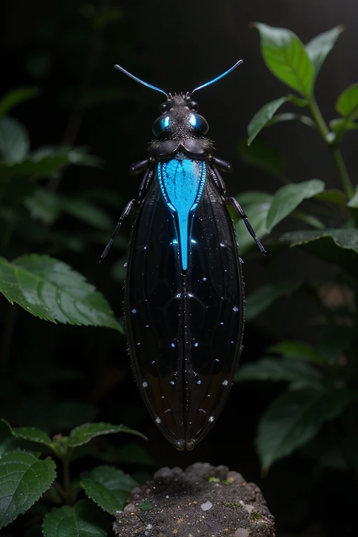 a mutated firefly insect with glowing blue bioluminescence