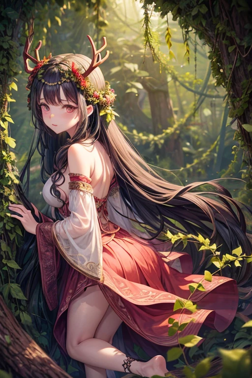 Woman in her 30s hair made of green leaves wooden antlers on her head dressed in leanas and leaves feet made of roots and vines pink eyes on her back vines with thorns like tentacles