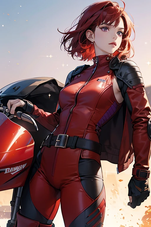 Donna Ramon She has very short red hair, olive skin and purple eyes. She is seen wearing a red motorcycle race suit with a dark red belt and shoulder, elbow and knee pads. She wears dark maroon boots. She also wears a red helmet when riding her motorcycle. SPARKLE; GLITTER.