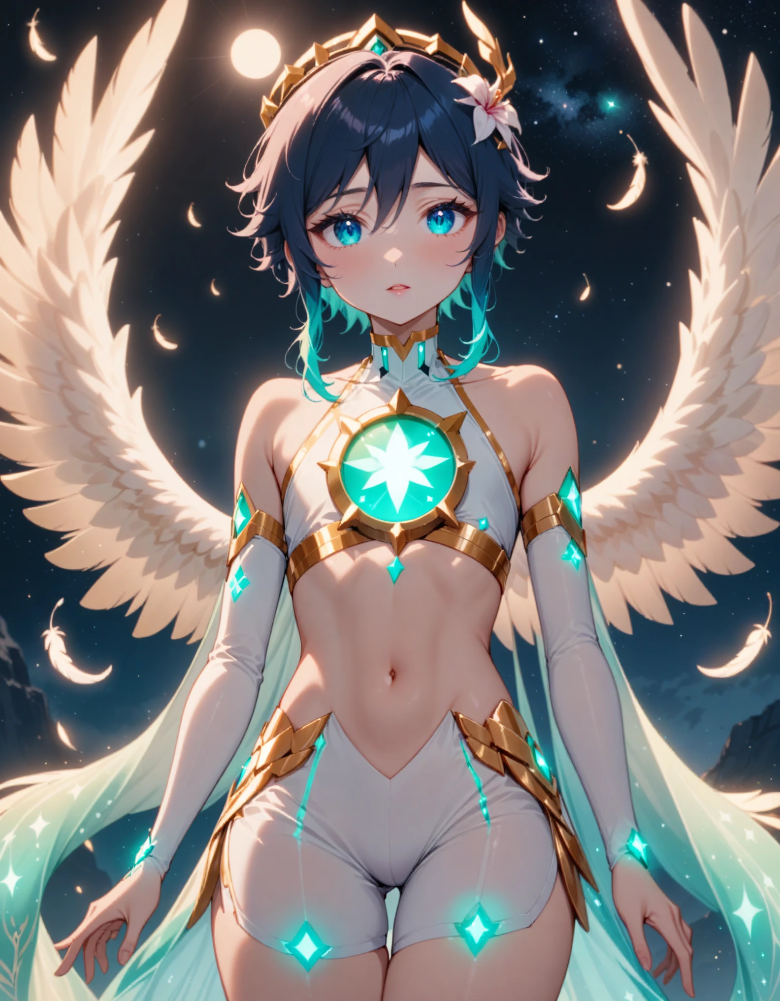 masterpiece,best quality,very aesthetic,absurdres,1boy,venti_/(archon/)_/(genshin_impact/),male_focus,detailed_eyes,(gnns:0.25),white feathered_wings,white halter_top,white shorts,hair_flower,midriff,black blue hair gradient,dsmile,((flat chest)),starry_sky,moon,starry_sky_print,((bluegreen eyes)),slender,feathers,divine,detailed_eyes,long_eyelashes,pink_lips,glossy lips,narrow_waist,wide_hips,seductive,flirtatious,iridescent volumetric light, god rays, heavenly,cosmic,celestial,