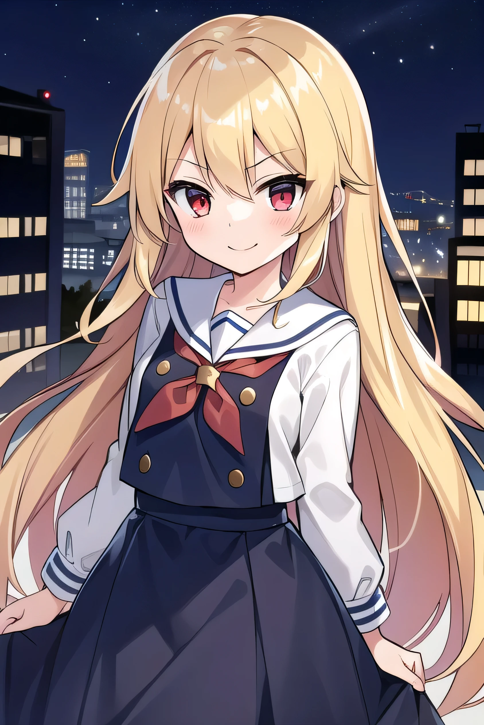 Yankee, blonde, Red eyes, Long Hair, very Long Hair, Sailor suit, night, smile, In an abandoned factory, anger, Glare, Long skirt, Waiting for the iron bat, One Girl,