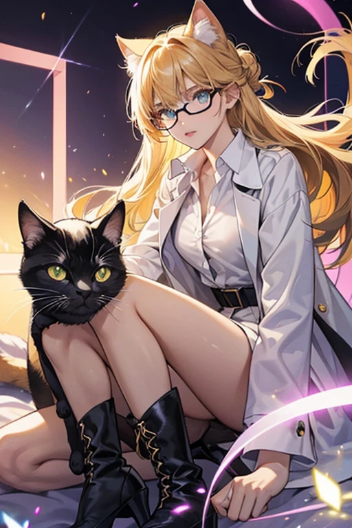 Feline has honey blonde hair that is tied back into a bun and fringes brushed to the side, emerald eyes and slit pupils, which become far more pronounced as her cat transformation finishes. She has a light skin complexion and wears black cat eye glasses, a short white lab coat over a purple long-sleeved shirt, blue haze slacks, and light tan, knee high heel faux fur boots. SPARKLE; GLITTER.