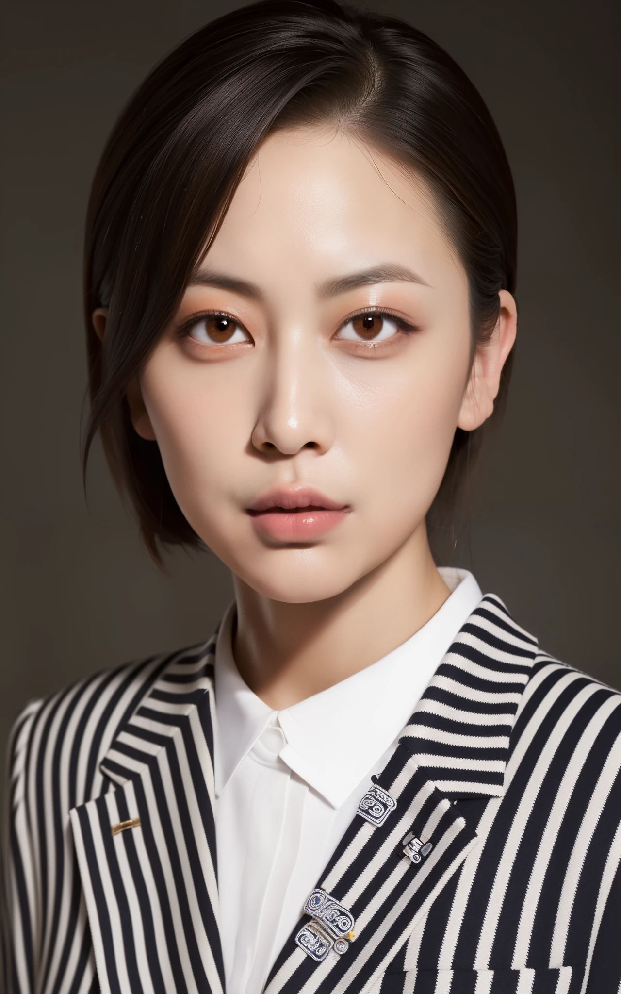 masterpiece,best quality, (1 japanese milf), ((soro, portrait:1.5)), makeup, hound tooth pattern blazer, white shirt, contrapposto, looking at the viewer, ((seduction expression)),