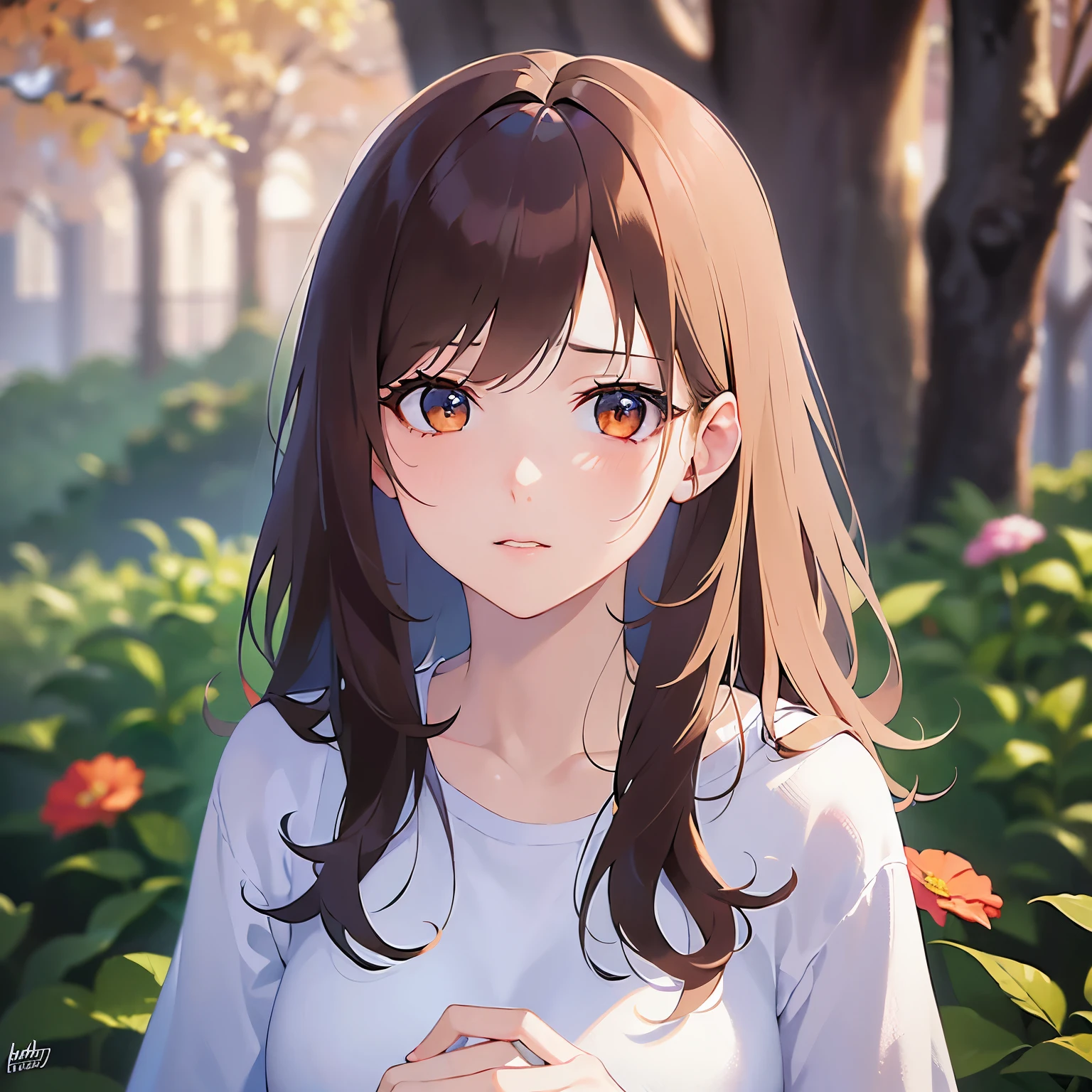 ultra quality, ultra highres, ultra detailed, high quality、Masterpiece、Shooting from above、Hands clasped、looking up, Upper body, Realistic, real person, (pale skin: 1.2), RAW photo, photorealistic, shiny skin, shiny hair、(25 year old woman with bangs) and (wavy hair) and (brown hair) and (orange eyes) , (White T-shirt) and (Floral patterns)、(sad:1.3), The background is a park、Alone、Are standing