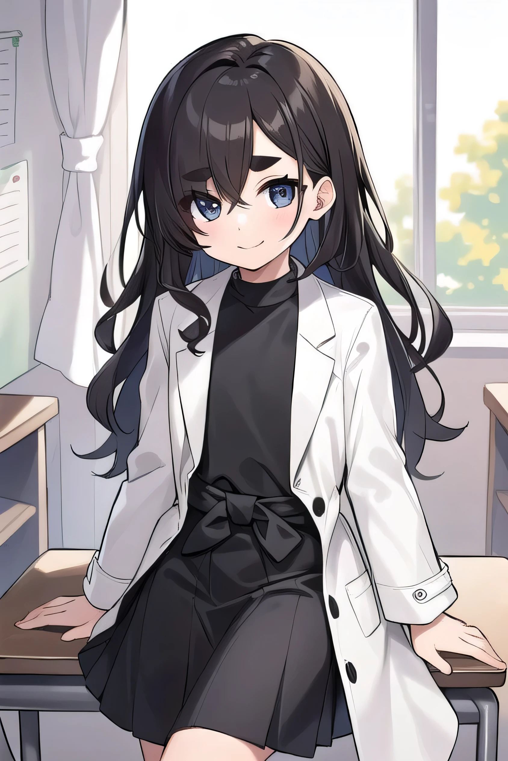 , elementary school student, young, brown hair, doctor's coat, hair over one eye, medium hair, wavy hair, thick eyebrows, dark eyes, gentle smile, science room, moe sleeves, short, flat chest, long hair that reaches waist length Long, I'm sitting alone on a chair, and the white coat I'm wearing doesn't fit me and has very long sleeves, a long black skirt, and a black shirt.