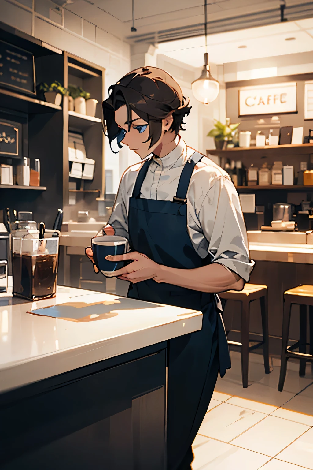 Male, Dark hair, Blue eyes, cleaning cups, Working at a café