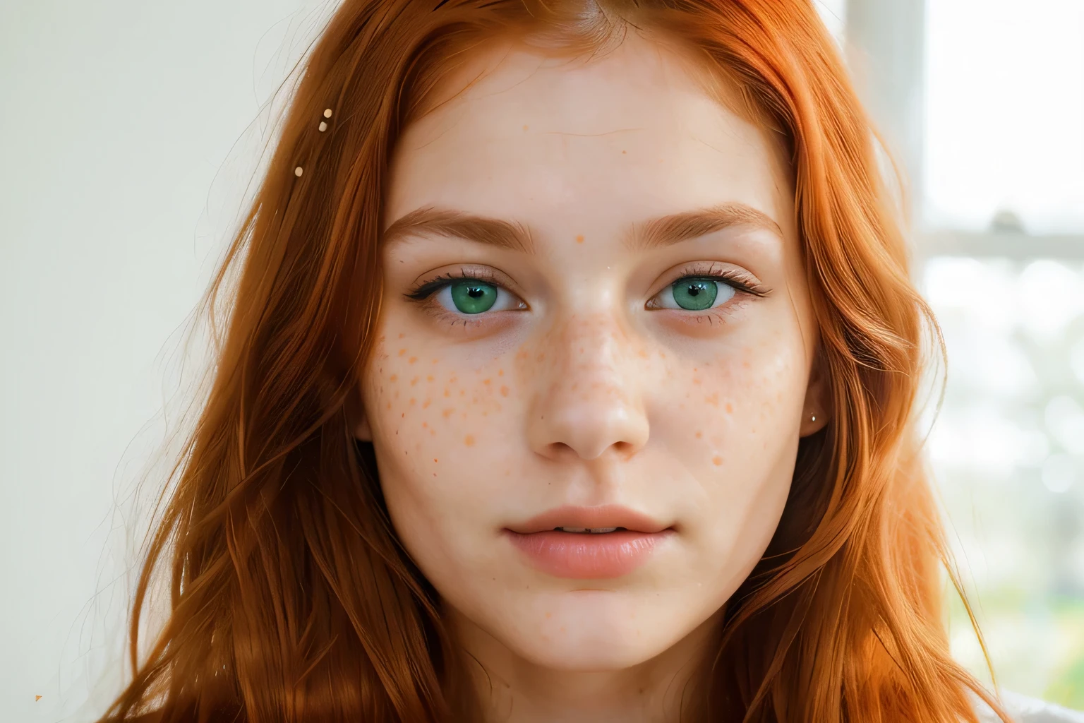 23-year-old realistic woman, digital influencer. White, green eyes, long orange-red hair. The young woman's face must have delicate features and radiant skin, with subtle freckles spread across her nose and cheeks, she has a deep and captivating look, she looks directly at the camera.