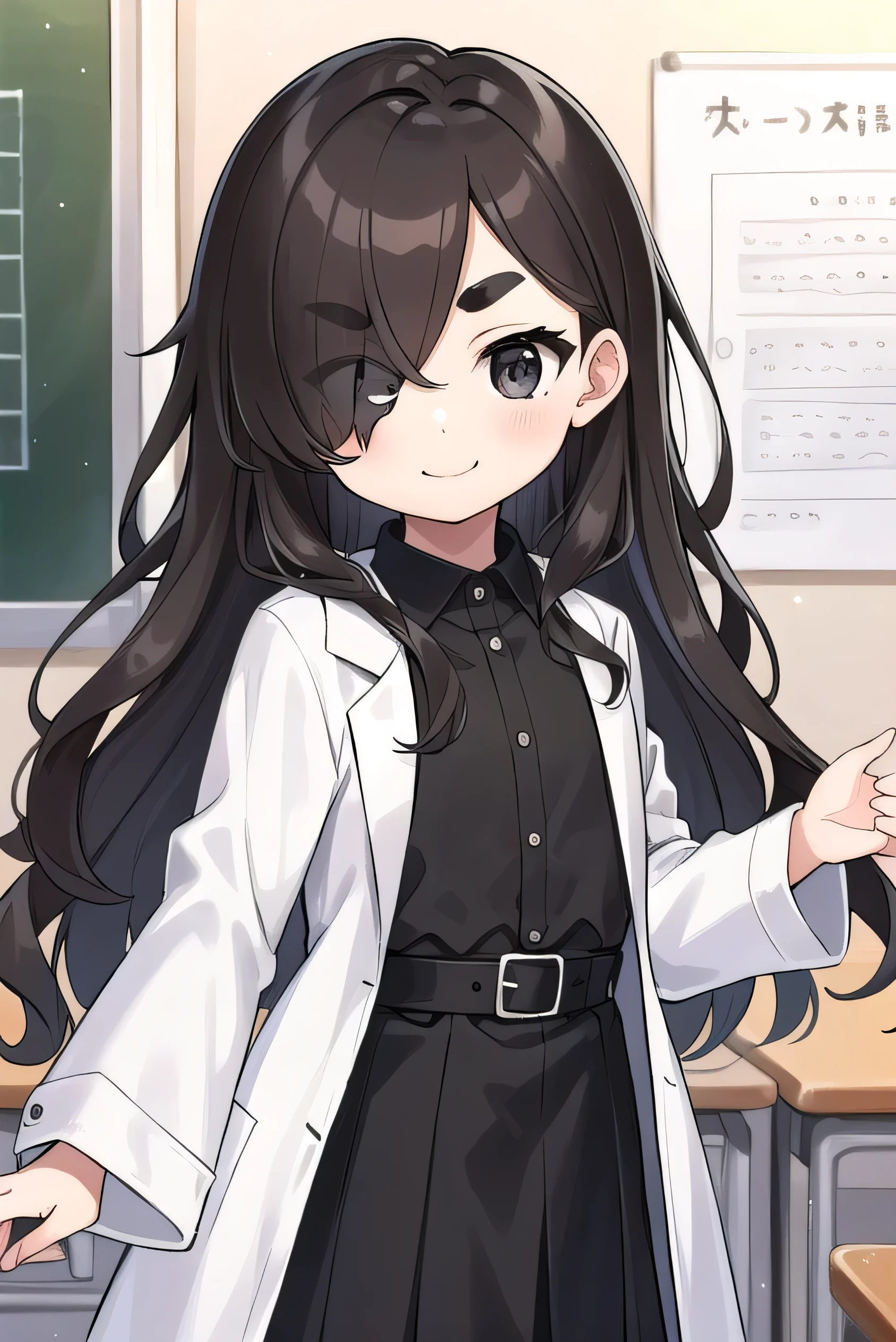 , elementary school student, young, brown hair, doctor's coat, hair over one eye, very long hair, wavy hair, thick eyebrows, black eyes, gentle smile, science room, moe sleeves, short, flat chest, wearing The white coat doesn't fit and the sleeves are very long, a long black skirt, a black shirt,