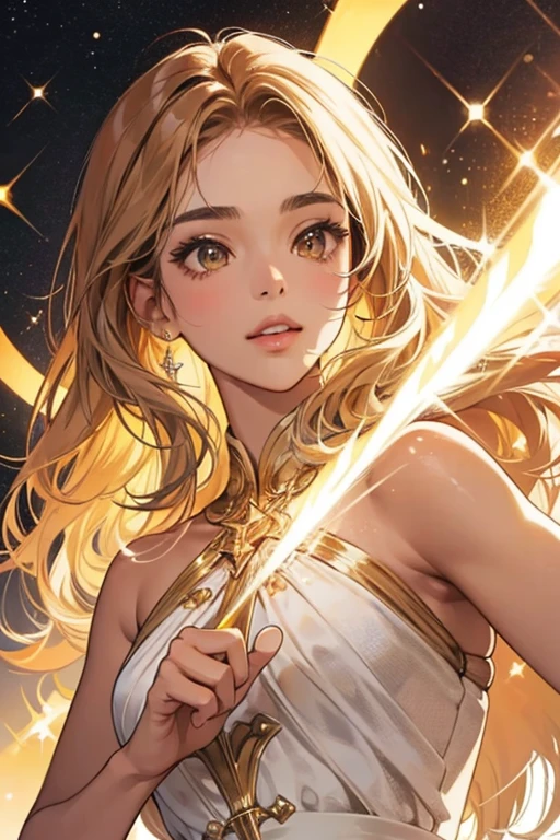 She has tan skin, medium length tan hair, and light brown eyes. SPARKLE; GLITTER.