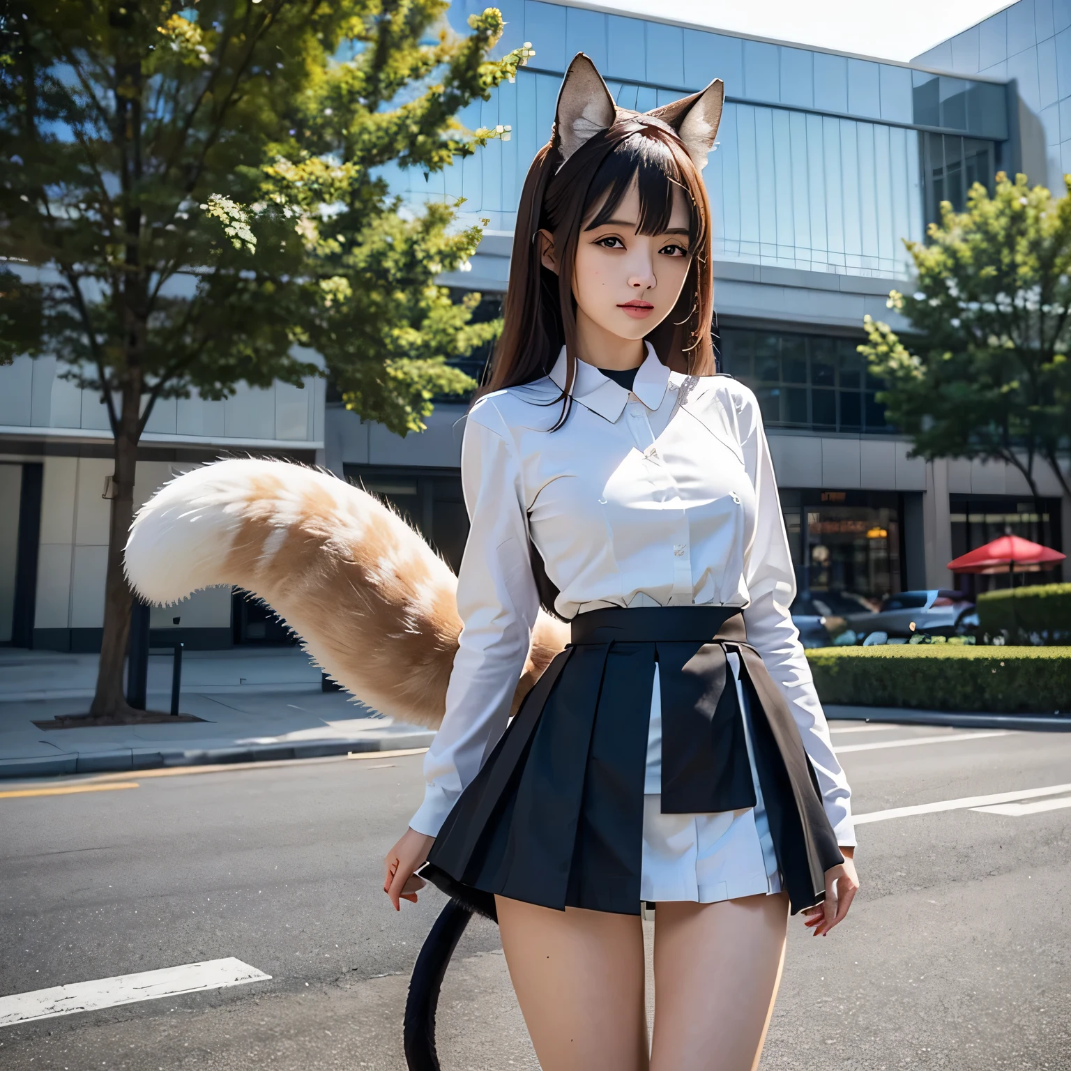 ((highest quality)), ((masterpiece)), (detailed), Perfect Face, A woman with a fox tail, Beautiful woman, public, It has a tail, She has a fluffy tail, She has a tail, She wags her tail, Sad face,  Lift the tail from the skirt, Buckshot:1.5, Inner tail of miniskirt:1.6, Small breasts