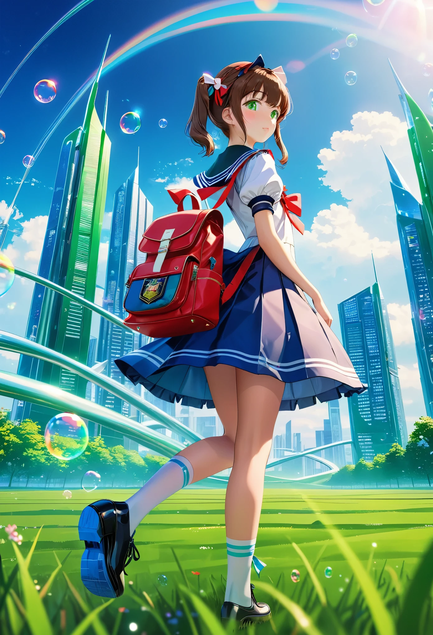 (best quality,4k,highres),ultra-detailed,realistic,portraits, Japaneese school girl, green eyes, long brown hair,anime style,futuristic, Frutiger Aero aesthetic, eco- modernism, bokeh, ribbon headband,small breast,futuristic sailor lolita dress,puffy sleeves,white and blue,colorful lighting, red ribbon, navy blue pantyhose, school shoes, school bag, school crest, floating bubbles, standing in a green field with futuristic skyscrapers in the background, blue sky with clouds, tertiary colors, highly detailed, 4K.