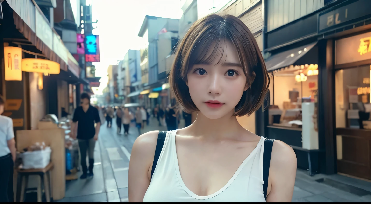 (huge 、Big Breasts、Tank top)、(highest quality,masterpiece:1.3,超A high resolution,),(Ultra-detailed,Caustics),(Photorealistic:1.4,RAW shooting,)Ultra-Realistic Capture,Very detailed,High resolution 16K for human skin、 The skin texture is natural、、The skin looks healthy、The color is also uniform.、 Use natural light and color,One Woman,Japanese,,cute,Brown Hair,short hair,(Depth of written boundary、chromatic aberration、、Wide range of lighting、Natural Shading、)、(Hair swaying in the wind:1.2)、Arcade