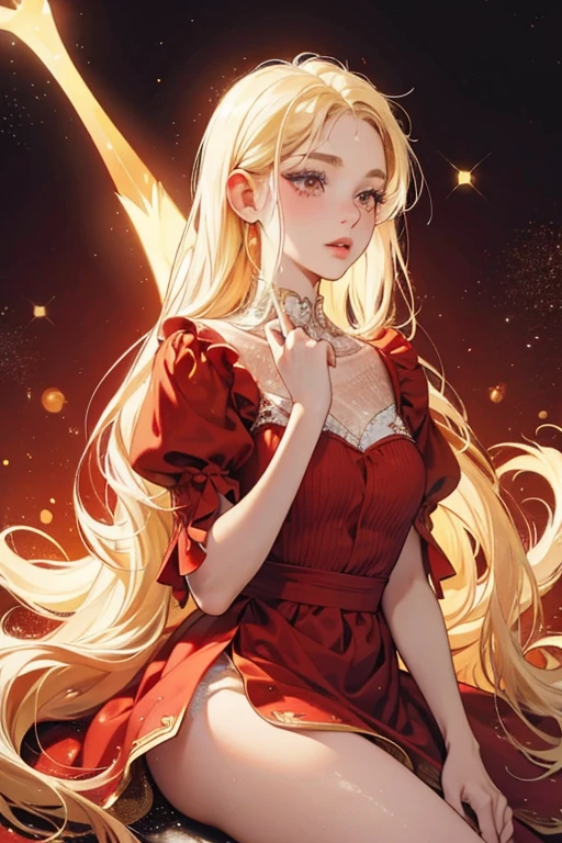 Gazelle was pale, had blonde hair that appeared to be dry, freckles, thin lips, and round eyes. She wore a long, red spaghetti strapped dress. SPARKLE; GLITTER.