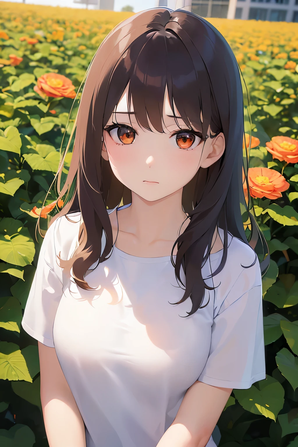 ultra quality, ultra highres, ultra detailed, high quality、Masterpiece、Shooting from above、Hands clasped、looking up, Upper body, Realistic, real person, (pale skin: 1.2), RAW photo, photorealistic, shiny skin, shiny hair、(25 year old woman with bangs) and (wavy hair) and (brown hair) and (orange eyes) , (White T-shirt) and (Floral patterns)、(sad:1.3), The background is a park、Alone、Are standing