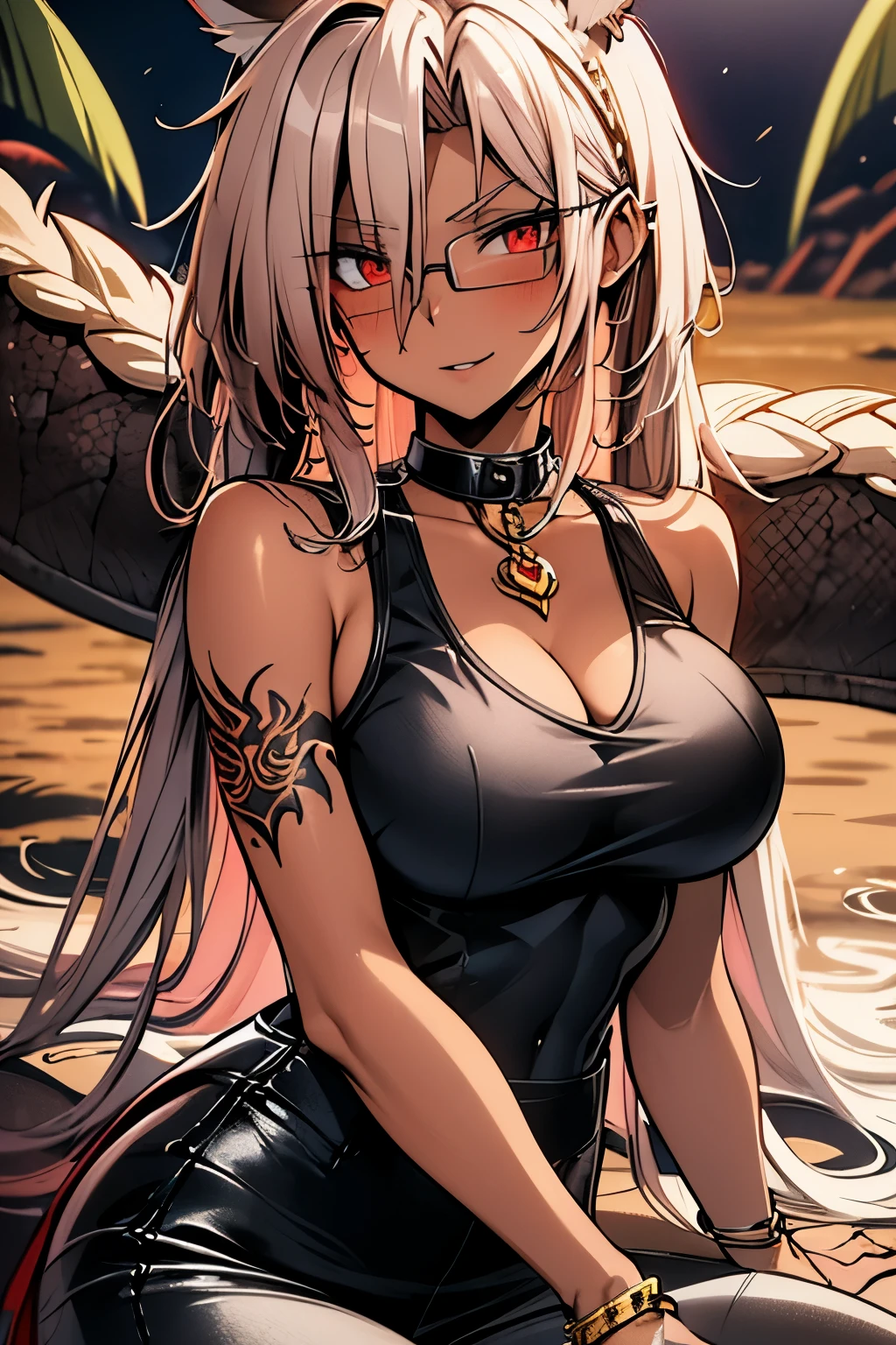 Woman with dark skin, very blonde hair, dragon ear, cat, dragon tail (dragon tail) red-eyed long hair glasses big breasts,sleeveless shirt fitted pants,muitas caudas,dragon tails,(Very big dragon tails), tattoos,em um lago dentro de uma caverna no deserto 