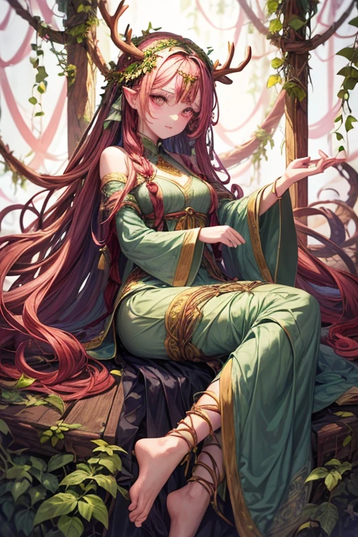 Woman in her 30s hair made of green leaves wooden antlers on her head dressed in leanas and leaves feet made of roots and vines pink eyes on her back vines with thorns like tentacles