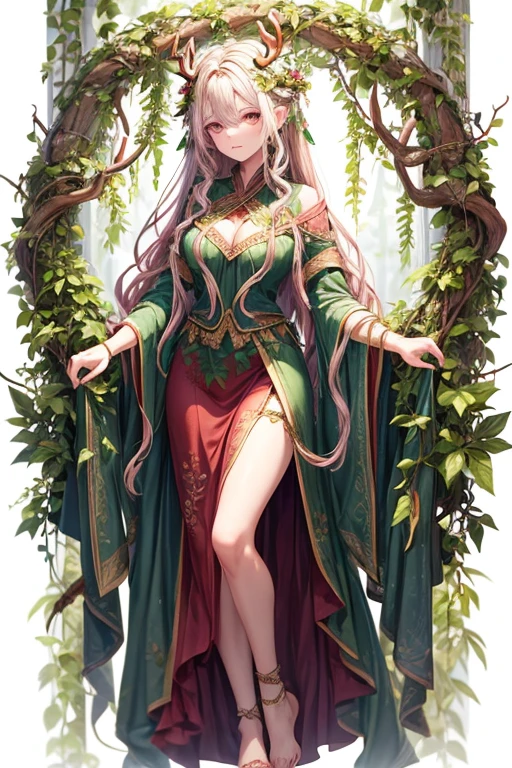 Woman in her 30s hair made of green leaves wooden antlers on her head dressed in leanas and leaves feet made of roots and vines pink eyes on her back vines with thorns like tentacles