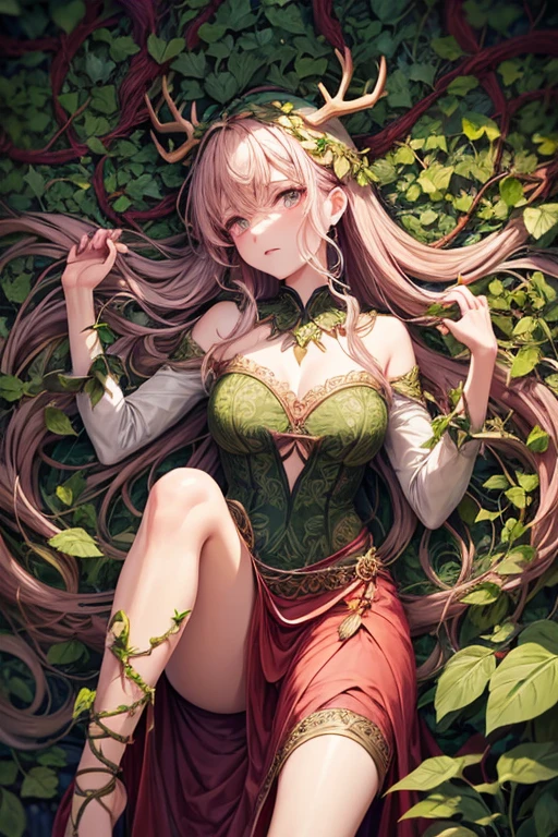 Woman in her 30s hair made of green leaves wooden antlers on her head dressed in leanas and leaves feet made of roots and vines pink eyes on her back vines with thorns like tentacles