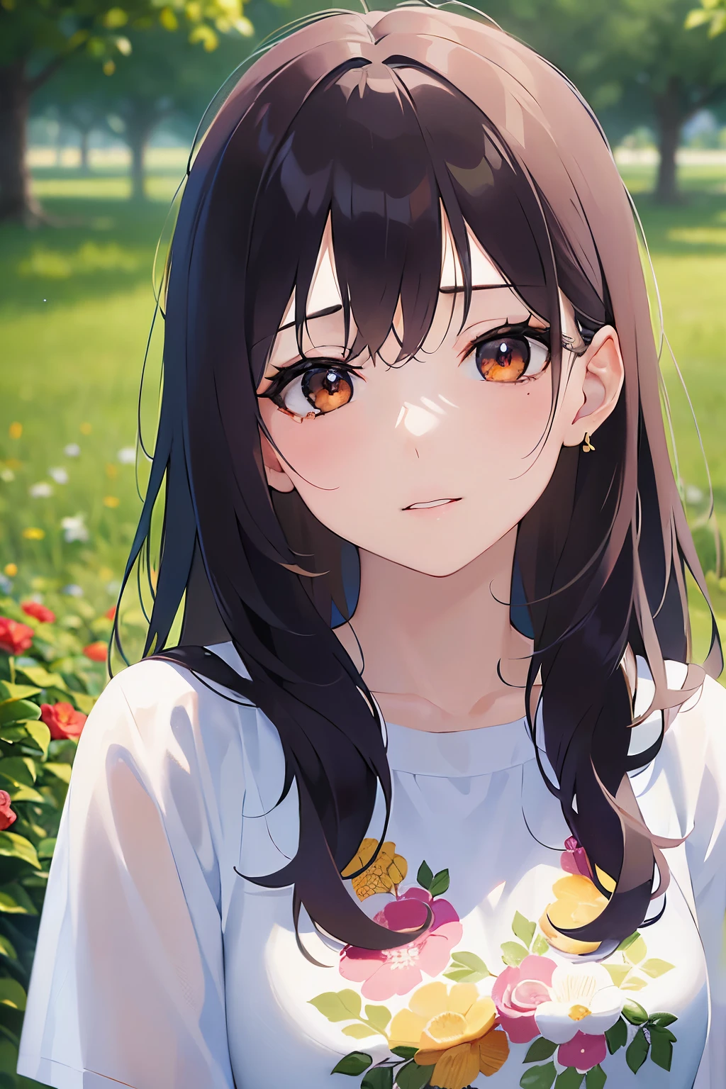 ultra quality, ultra highres, ultra detailed, high quality、Masterpiece、Shooting from above、Hands clasped、looking up, Upper body, Realistic, real person, (pale skin: 1.2), RAW photo, photorealistic, shiny skin, shiny hair、(25 year old woman with bangs) and (wavy hair) and (brown hair) and (orange eyes) , (White T-shirt) and (Floral patterns)、(sad:1.3), The background is a park、Alone、Are standing