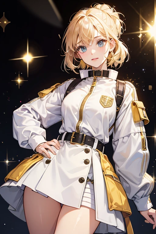 white belt on the collar and one around her waist, and a gold zipper. SPARKLE; GLITTER.