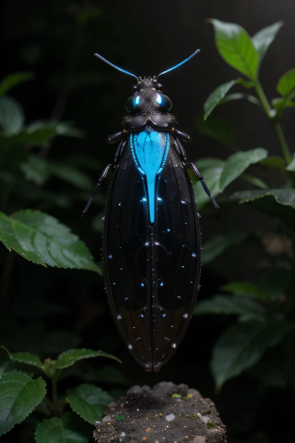 a mutated firefly insect with glowing blue bioluminescence