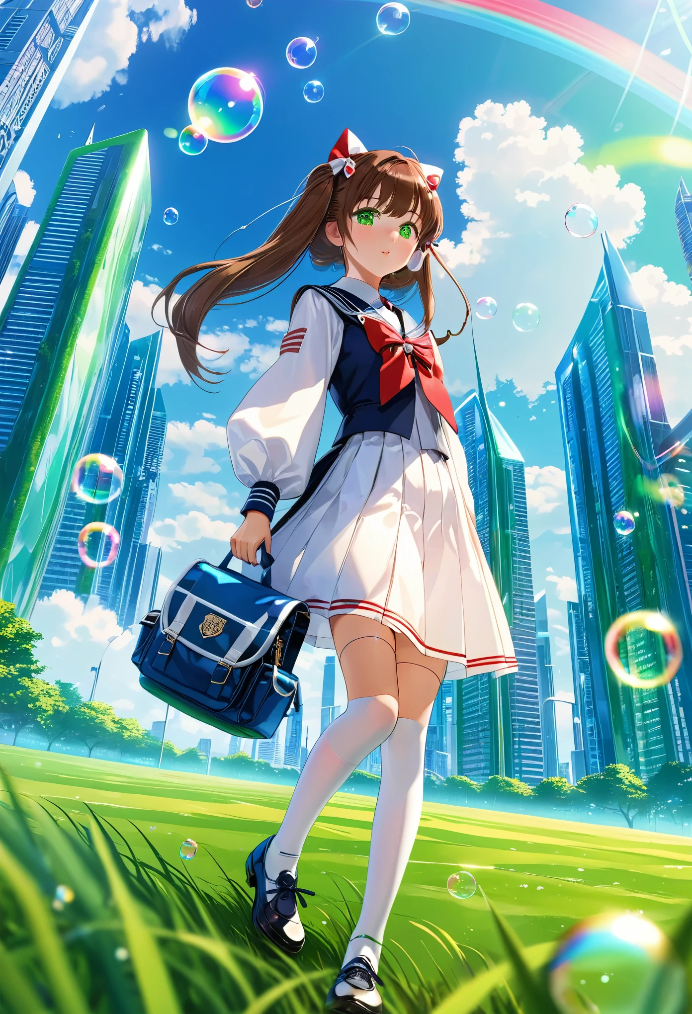 (best quality,4k,highres),ultra-detailed,realistic,portraits, Japaneese school girl, green eyes, long brown hair,anime style,futuristic, Frutiger Aero aesthetic, eco- modernism, bokeh, ribbon headband,small breast,futuristic sailor lolita dress,puffy sleeves,white and blue,colorful lighting, red ribbon, navy blue pantyhose, school shoes, school bag, school crest, floating bubbles, standing in a green field with futuristic skyscrapers in the background, blue sky with clouds, tertiary colors, highly detailed, 4K.