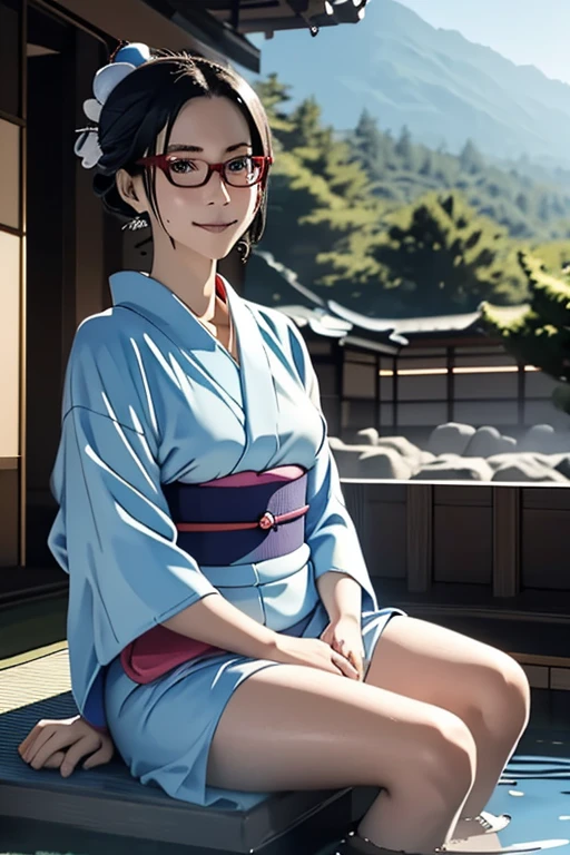(masterpiece, highest quality), One Girl, Satou, Satou, Glasses, yukata, Satou, Glasses, 赤いフレームのGlasses, Onsen town in Japan:1.5,Head to waist,yukata:1.6,hot spring,Dogo Onsen,Kusatsu Hot Springs,