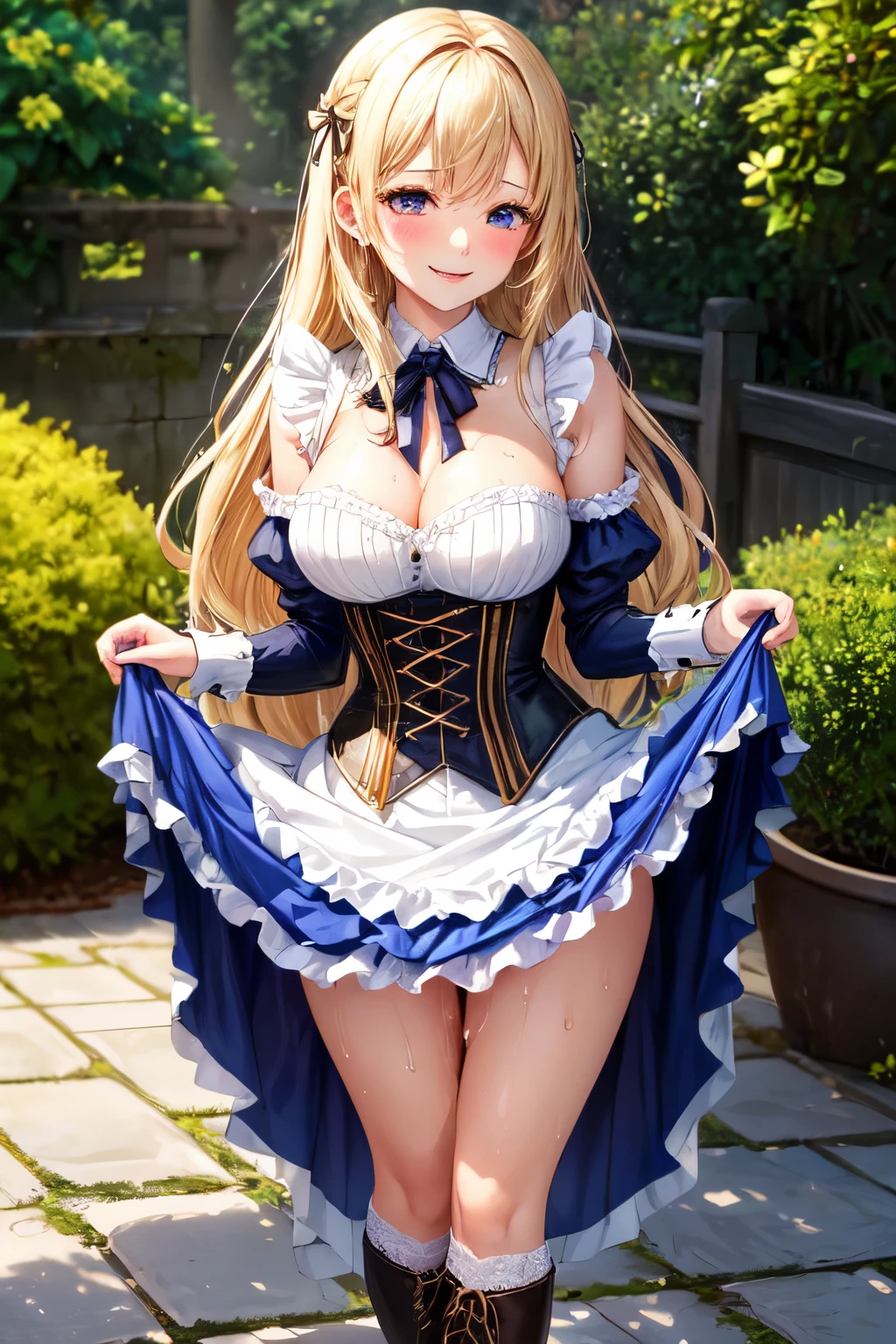 ((highest quality)), ((masterpiece)), (detailed), Perfect Face,Gothic style,English Garden,(Are standing),smile,Trance,happiness,happinessな時間,blonde,ribbon,beautiful girl,Long Hair,velvet,corset,Frills,organdy,Lace clothes,crinoline,(Lift your legs),boots,(Sweat),((Oily skin)),((Endocrine fluid)),Wet thighs,vibrator,girl trembling with sexual climax
