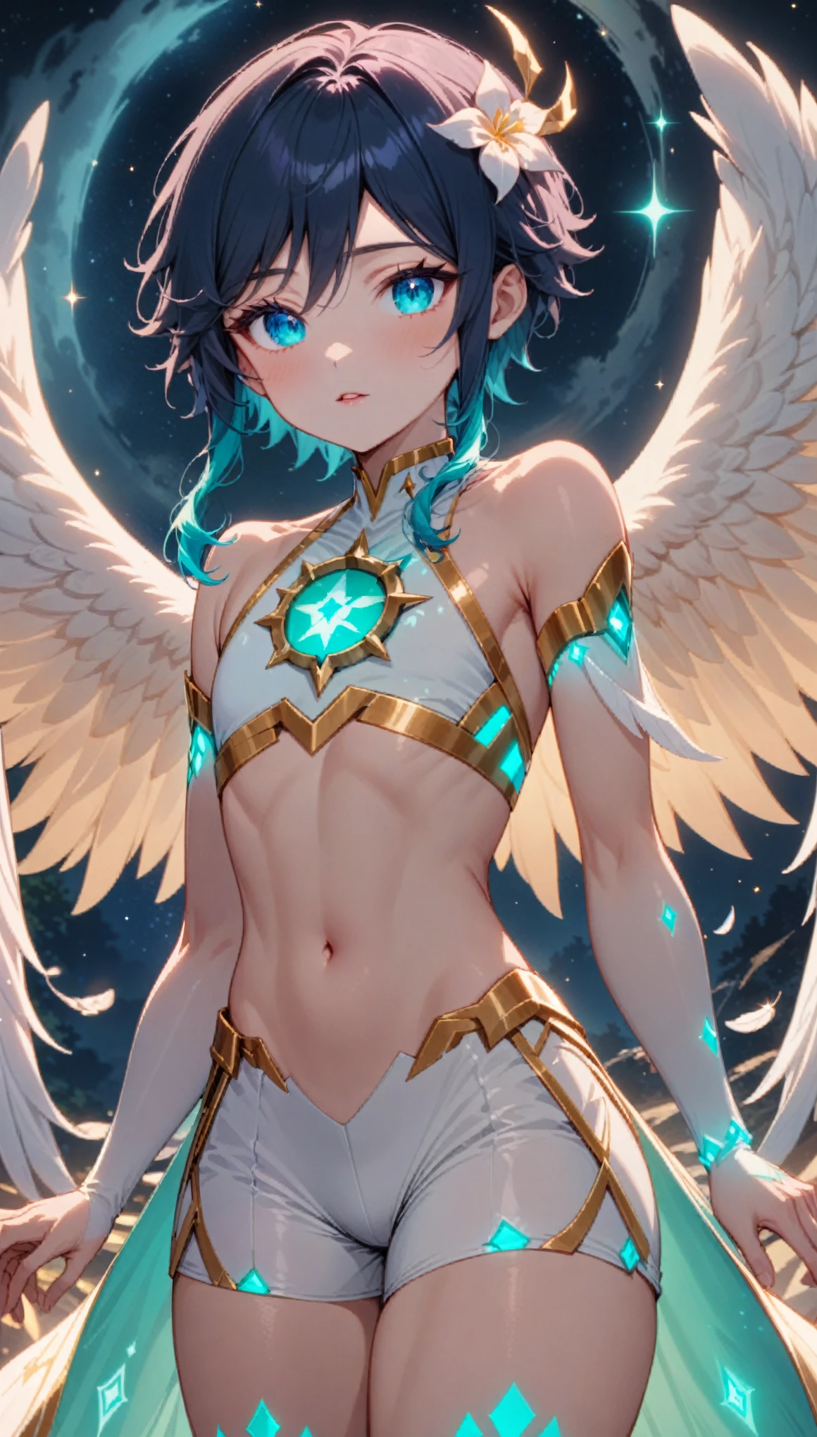 masterpiece,best quality,very aesthetic,absurdres,1boy,venti_/(archon/)_/(genshin_impact/),male_focus,detailed_eyes,(gnns:0.25),white feathered_wings,white halter_top,white shorts,hair_flower,midriff,black blue hair gradient,dsmile,((flat chest)),starry_sky,moon,starry_sky_print,((bluegreen eyes)),slender,feathers,divine,detailed_eyes,long_eyelashes,pink_lips,glossy lips,narrow_waist,wide_hips,seductive,flirtatious,iridescent volumetric light, god rays, heavenly,cosmic,celestial,
