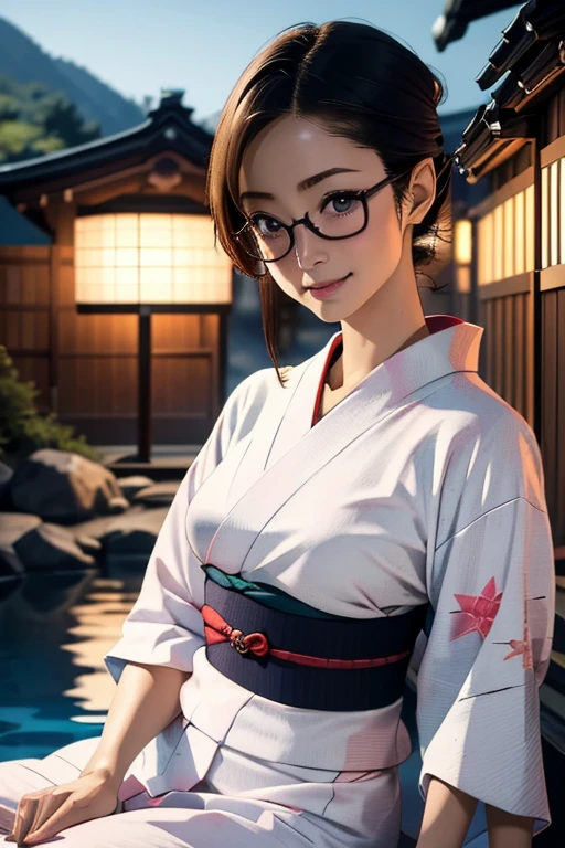 (masterpiece, highest quality), One Girl,  Satou, Satou, Glasses, yukata, Satou, Glasses, 赤いフレームのGlasses, Onsen town in Japan:1.5,Head to waist,yukata:1.6,hot spring,Dogo Onsen,Kusatsu Hot Springs,